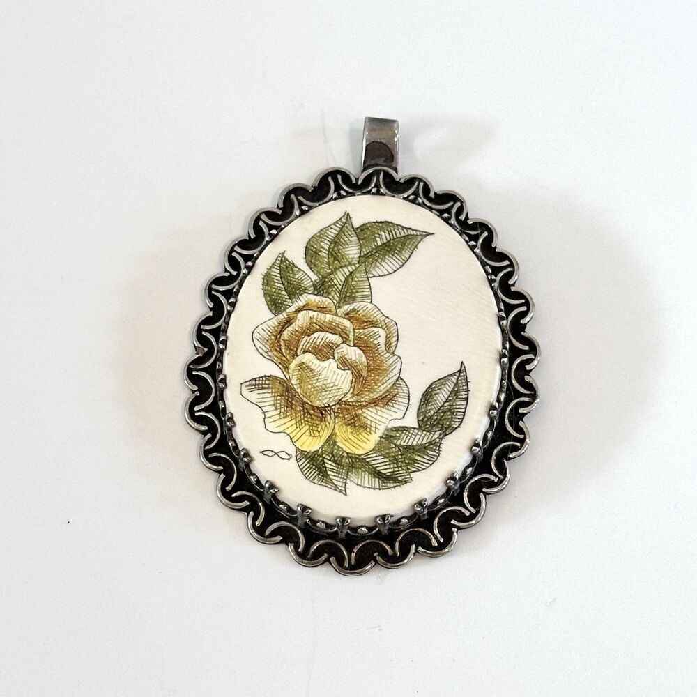 Vintage Silver Tone Etched Rose Pendant Necklace Statement Art Deco Victorian